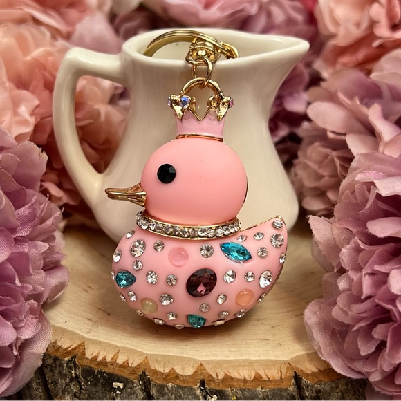 Accessories - Pink Jeweled Duck with Crystals and Crown Keychain Charm